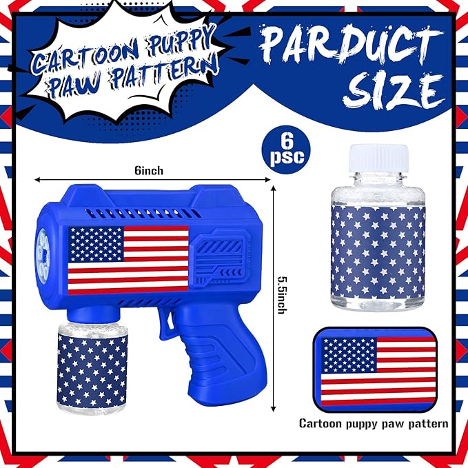 Gemscream 6 Pack 4th of July Automatic Bubble Gun for Party Patriotic Bubble Machine Blower for Outside Activity 250th Anniversary Party Supplies for Independence Day Summer Birthday Gifts Decoration