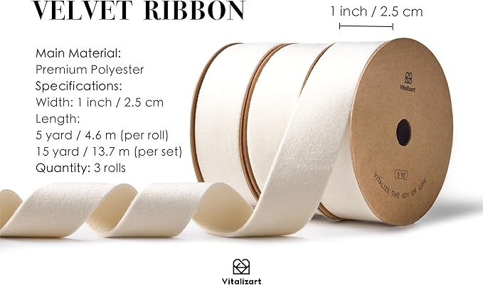 Vitalizart White Velvet Ribbon 1 Inch Double Faced for Christmas Ornaments Gift Wrapping 15 Yards Wreath Decoration Bows Making Holiday Crafts Cream Ivory