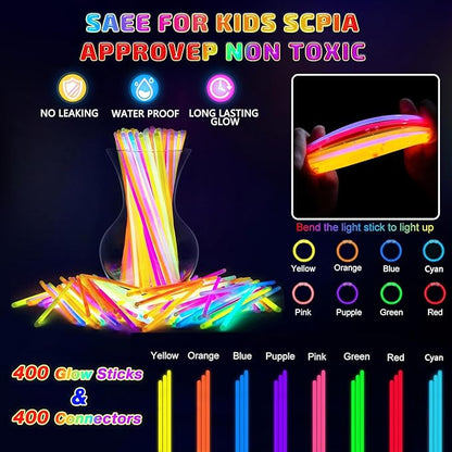 400 Pcs Glow Sticks Bulk Party Pack, 8'' Glow in the Dark Party Supplies, Glow in the Dark Light Up Sticks with Connectors, Party Favors for Birthday, Concert, Raves, Halloween, Christmas