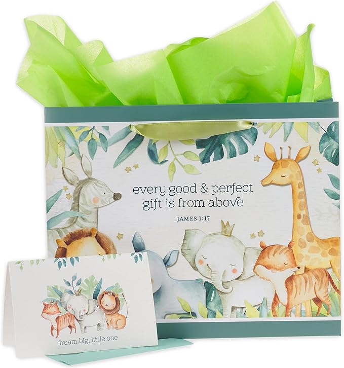 Christian Art Gifts Large Landscape Scripture Gift Bag w/Greeting Card & Tissue Paper Set for Kids: Every Gift Inspirational Bible Verse, Cute Animal Forest Theme Childrens Wrapping Accessory, Boys,