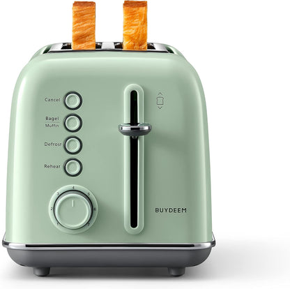 BUYDEEM DT620 2-Slice Toaster, Extra Wide Slots, Retro Stainless Steel with High Lift Lever, Bagel and Muffin Function, Removal Crumb Tray, 7-Shade Settings,Cozy Greenish