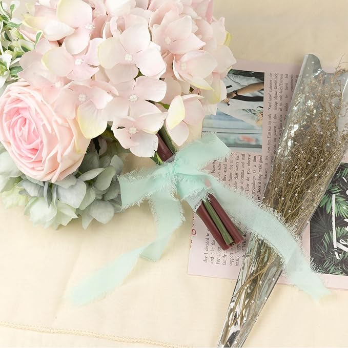 Aqua Chiffon Ribbon - 1 Inch x 21 Yards, Handmade Fringe, Silk, Boho Frayed, Dreamy Green for Gift Wrapping, Wedding Invitation, Bridal Flower Bouquets
