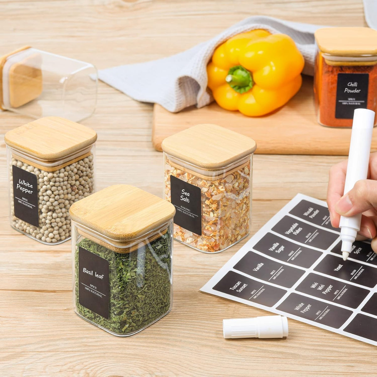 ComSaf Spice Jars with Labels 6 oz 12Pack, Small Spice Containers Starter Set, Glass Seasoning Jars with Lids, Square Seasoning Containers for Salt