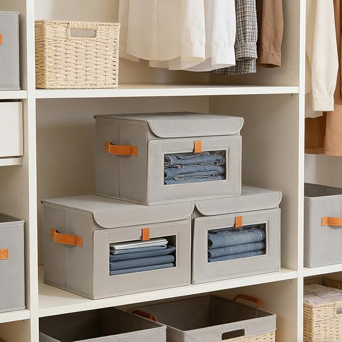 3 Pcs Front Opening Closet Organizers and Storage Bins with Attached Lid, Fabric Clothes Storage Box with Large Clear Window, Stackable Foldable Decorative Organizers for Shelf, Dorm, Grey