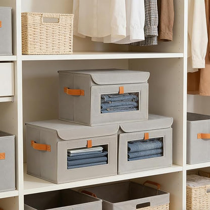 3 Pcs Front Opening Closet Organizers and Storage Bins with Attached Lid, Fabric Clothes Storage Box with Large Clear Window, Stackable Foldable Decorative Organizers for Shelf, Dorm, Grey