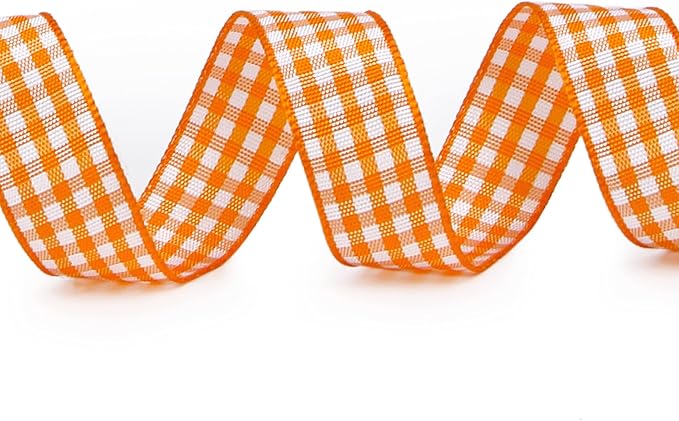 Ribbli Orange and White Gingham Ribbon,100% Polyester Woven Edge,5/8 Inch x 10 Yard,Plaid Ribbon Use for Gift Wrapping,Floral Design,Hair Bows