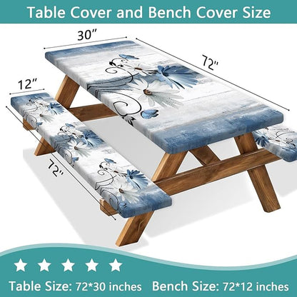 Rustic Farmhouse Blue Flower Picnic Table Cover with Bench Covers, Waterproof Blue Daisy Floral Flowers Butterfly on Country Wooden for Camping Indoor Outdoor Party Decorations, 30X72in