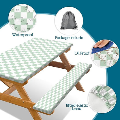 Picnic Table Cover with Bench Covers and Bag, Sage Green and White Checkered Buffalo Plaid Camping Tablecloth Waterproof Elastic Edges Fitted Gingham Tablecloth for Outdoor Garden 3PCS 30x72 Inch