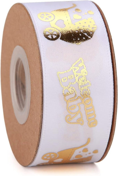 Meseey 20 Yards Welcome Baby Ribbon White and Gold Foot Print Ribbons for Crafts Cake Baby Shower Birthday,Gift Wrapping, Party Decoration (1"+3/8", White-wb)