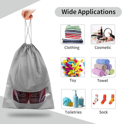 12 Pack Large Shoe Bags for Packing with Clear Window, Dustproof Drawstring Travel Shoe Storage Bags for Men & Women, Gray