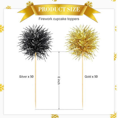 Chinco 100 Pcs Foil Firework Cupcake Toppers Sparkle Tinsel Cake Toppers Cake Decoration Cocktail Fruit Toothpick for Birthday Wedding Graduation Party(Black, Gold)