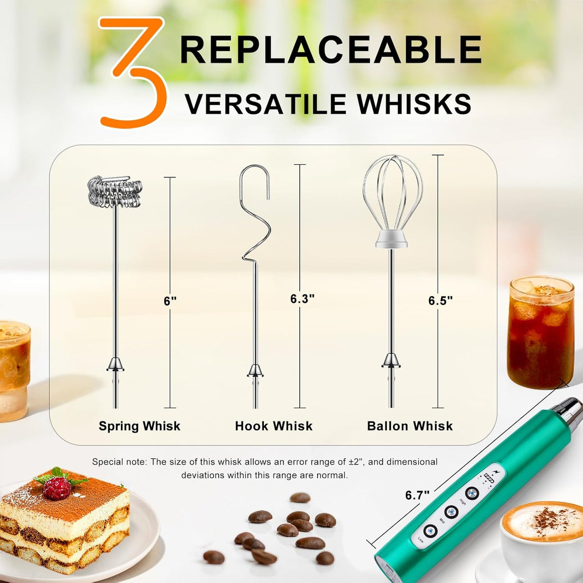 Yuswko Turquoise Handheld Milk Frother Wand for Coffee, Rechargeable Electric Whisk with 3 Heads 3 Speeds Drink Mixer Coffee Frother For Latte