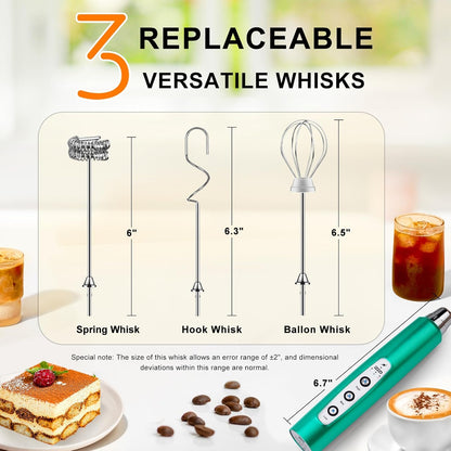 Yuswko Turquoise Handheld Milk Frother Wand for Coffee, Rechargeable Electric Whisk with 3 Heads 3 Speeds Drink Mixer Coffee Frother For Latte