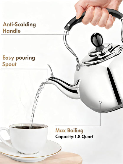 Stovetop Tea Kettle with Whistle - 2.0 Quart 18/8 Stainless Steel Tea Pot for Gas Stove &amp; Electric Coil Stovetop, Food-Safe, Easy-Pour Spout, Mirror Polished Classic Water Kettle