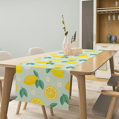 Spring Lemon Table Runner, Summer Seasonal Green Leaves Flowers Yellow Fruit Print Table Runner for Farmhouse Kitchen Dining Table Home Party Decor 13x60in