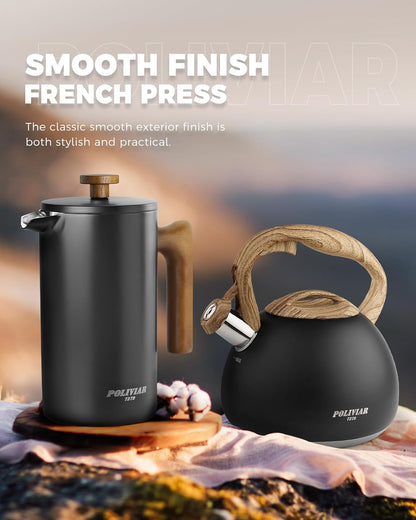 POLIVIAR French Press Coffee Maker, 34 Ounce Coffee Press with Real Wood Handle, Double Wall Insulation & Dual- Filter Screen, Food Grade Stainless Steel for Good Coffee and Tea (Vintage)