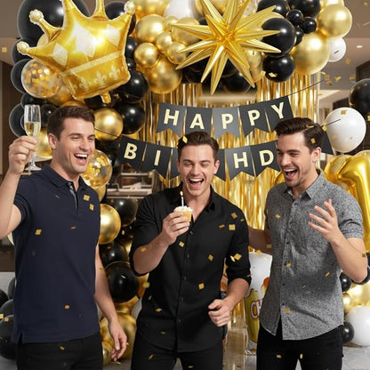 21st Birthday Decorations for Him 150pcs with Number 21 Foil Balloon Fringe Curtains White Black and Gold Balloons Arch Kit for 21st Birthday Decorations Graduation Birthday Balloons for Bed