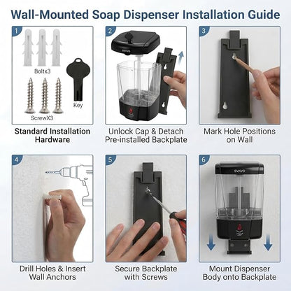 SVAVO Automatic Soap Dispenser Type-C Rechargeable - Commercial Wall Mount Hand Soap Dispenser for Restaurant, Kitchen & Bathroom, Electric Soap Pump for Office, 21 fl.oz for Liquid Soap, Black