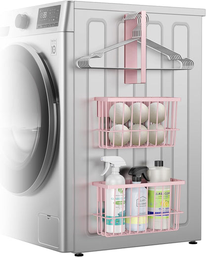Magnetic Dryer Ball Holder and Magnetic Hanger Holder for Laundry Room Organization and Storage, Magnetic Lint Bin for Laundry Room, Iron Basket Dryer Ball Container for Laundry Room Storage (Pink)