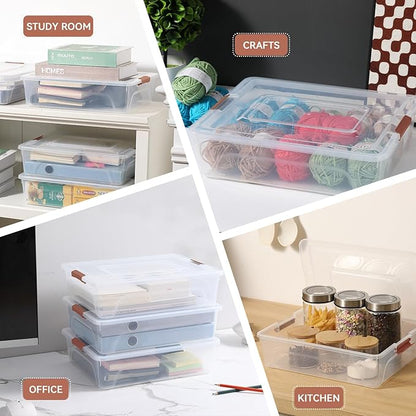 novelinks Clear Stackable Storage Bins with lid Storage Boxes Durable Plastic Organizer Containers for Home Office, Kitchen, Craft Supplies (10 Quart 4 Pack Brown)