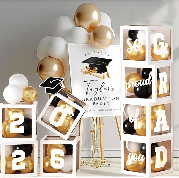 2026 Graduation Party Decorations, 4Pcs White Boxes with 30Pcs Black White Gold Latex Balloons with Letters "2026 GRAD So Proud of You" for High School College Graduation Party Decorations (White)