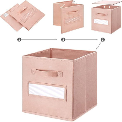 artsdi 13x13x13 storage cube bins(Set of 10) Fabric storage cubes with 10 Labels Window Cards & a Pen, storage cubes 13x13, Collapsible 13 inch cube storage bins, Cubby Organizer Boxes, Pink