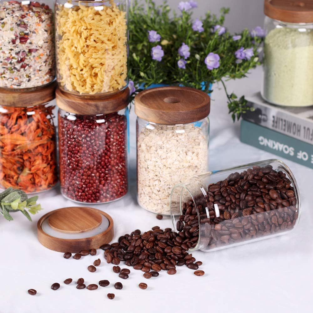 Saiool Stackable Kitchen Canisters Set of 8,High Borosilicate Glass Cylinder Airtight Food Storage, sort out the tea, flour, candies