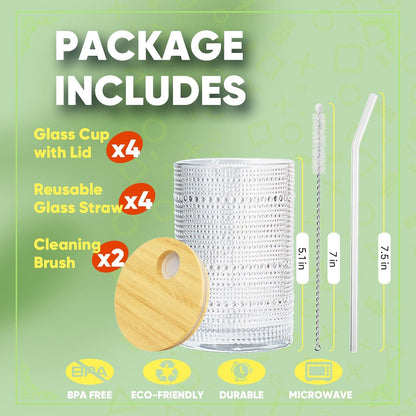15 Oz Glass Cups with Lids and Straws, Vintage Embossed Glassware for Whiskey Cocktail Beer, Iced Coffee Cup with Lid (4 PACK)