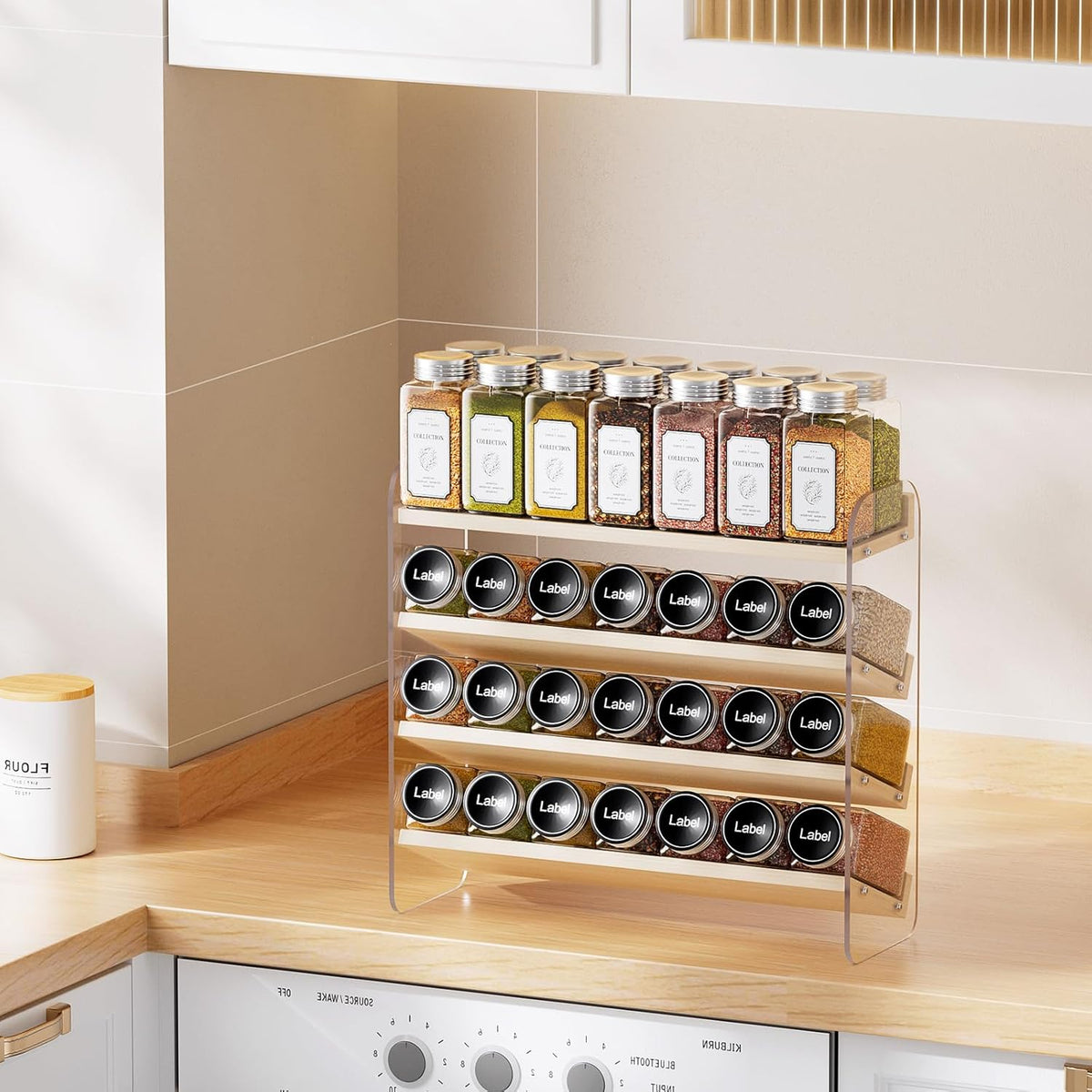 MUDEELA Clear Spice Rack Organizer for Cabinet, 4 Tiered Vertical Spice Shelf, Wooden Seasoning Organizer for Countertop, Kitchen, Pantry, Freestanding, 13.3" W × 11.2" H (No Jars Included)
