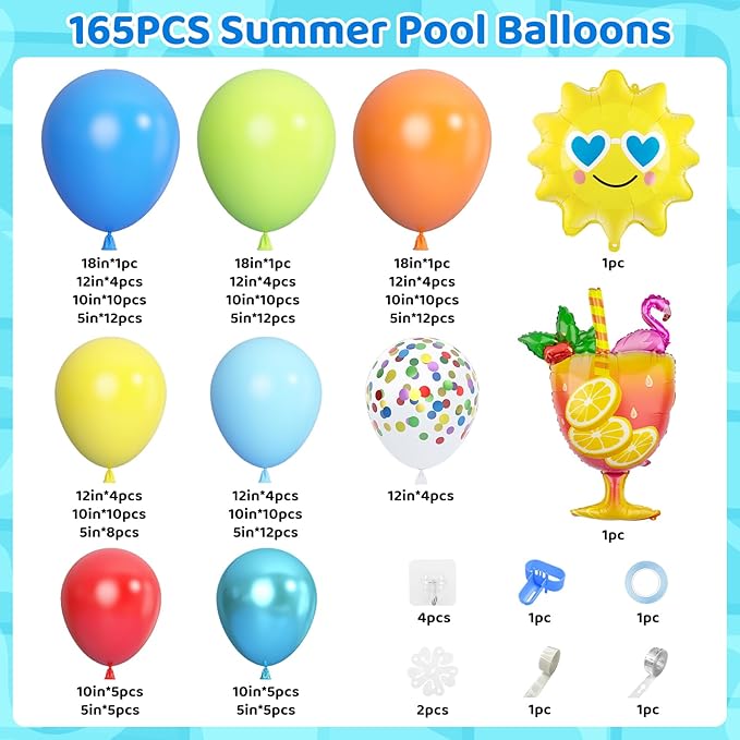 Amandir 165Pcs Summer Beach Pool Party Balloons Decorations Splash Tropical Balloon Arch Garland Kit, Foil Wine Glass Sun Colorful Balloons for Hawaiian Luau Holiday Swimming Birthday Party Backdrop