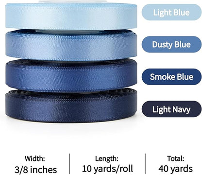 3/8 Inch Dusty Blue Satin Ribbon, 4 Rolls Total 40 Yards, Double Faced Mixed Blue Thin Fabric Ribbon for Gift Wrapping, Flower Bouquets, Crafts, Wedding, Father's Day Decorations