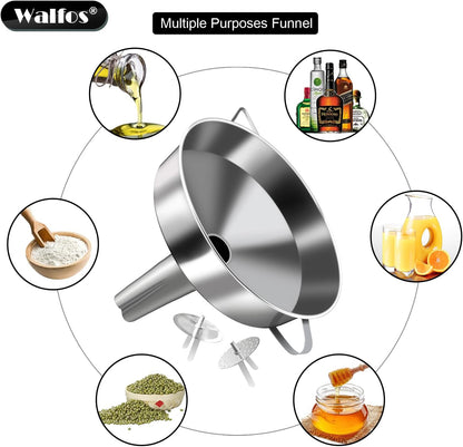 Walfos Extra Large Stainless Steel Funnel with Venting Slot, Kitchen Funnel with 2 Removable Strainer ＆ 1Pc Cleaning Brush, Perfect for Transferring Liquid, Oils, Jam, Dry Ingredients (Jumbo, 7.9")