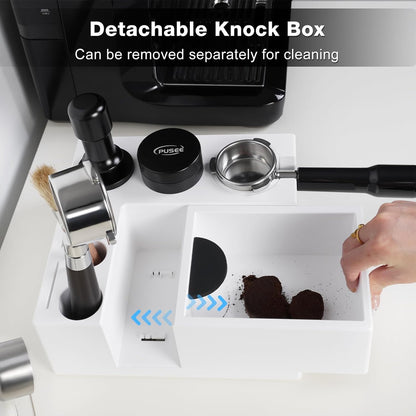 PUSEE Espresso Knock Box & Tamp Station, 9 in 1 Espresso Organizer, Fit 51,54,58MM Tamper, Distributor, Portafilter & Puck Screen Accessories, Detachable Knock Box