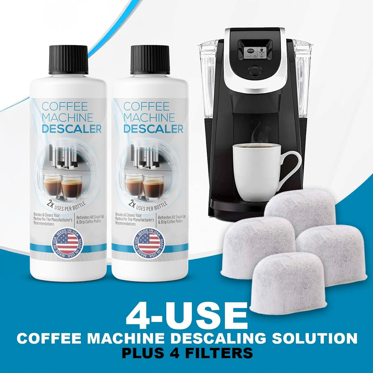 Keurig Compatible Descaling Solution - Descaler Cleaner Concentrate Kit For All 1.0 & 2.0 K-Cup Pod Machines and Espresso Machines - (2 Bottles, 4 Uses Plus 4 Filters)