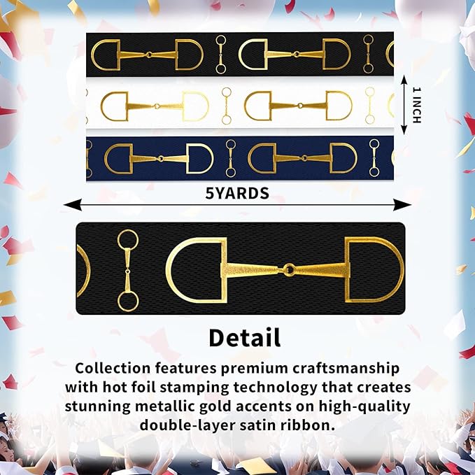 Horse Bit Gold Foil Ribbon - 3 Pack (1 Inch x 5 Yards Each) - Elegant Navy, Black & White Decorative Ribbon - Satin for Hair Bows, Gift Wrapping, Crafts & Wedding Decor