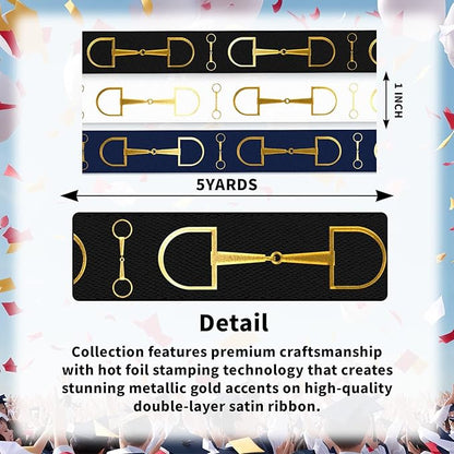Horse Bit Gold Foil Ribbon - 3 Pack (1 Inch x 5 Yards Each) - Elegant Navy, Black & White Decorative Ribbon - Satin for Hair Bows, Gift Wrapping, Crafts & Wedding Decor