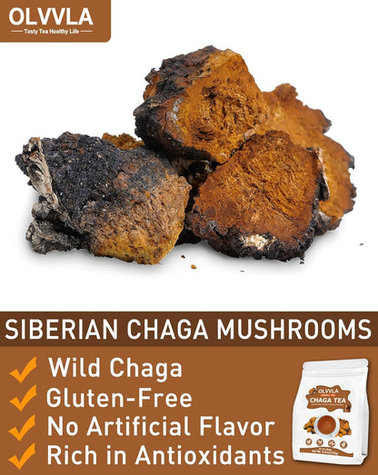 Olvvla - Chaga Tea Bags - 2.5g X 50 Count - 100% Wild Natural Chaga Mushroom Herbal Tea - Sourced from Siberia - Caffeine Free - Gluten-Free