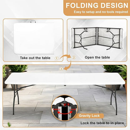 FDW 8FT Plastic Folding Table, Portable with Carrying Handle Perfect for Indoor, Outdoor, Party, Dining, Wedding, Events, Camping, White