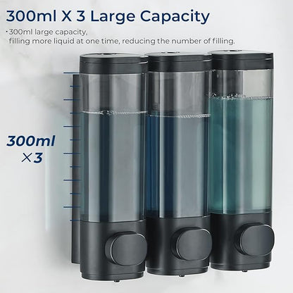 Pollock Shower Dispenser 3 Chamber No Drill Shampoo Conditioner Body Wash Dispenser for Bathroom, Large Capacity, Black