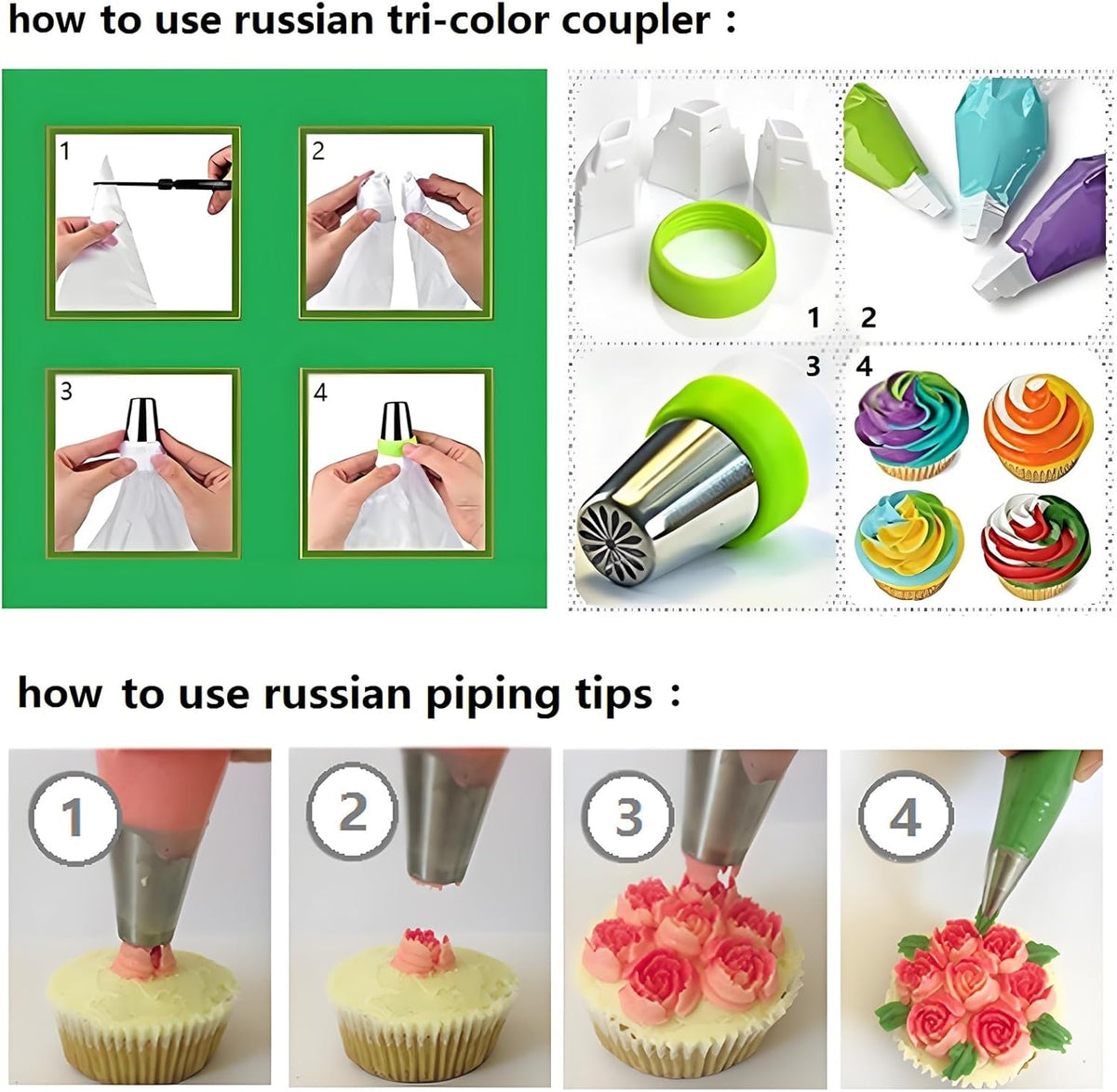 130 Pcs Piping Bags and Tips Set with 48 Numbered Icing Tips,7 Russian Tips,1 Ball Tip,2 Leaf Tips,Pattern Chart,8 Carved Pens,4 Couplers,6 Ties