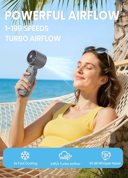 Portable Handheld Turbo Fan, 1-199 Speed Adjustable with LED Display, High-Power Motor, Rechargeable Battery, 4 IN 1 Pocket Design Mini Fans for Indoor/Outdoor/Travel/Work, Grey Purple
