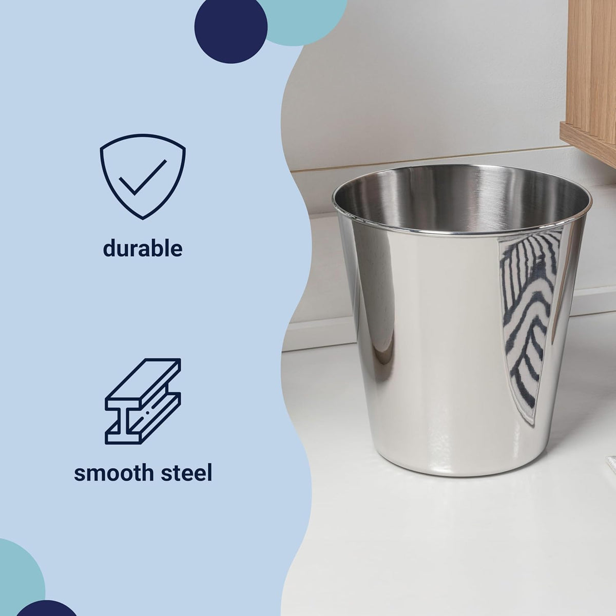 happimess HPM1113D Nolan Modern Classic Smooth Steel 2-Gallon Wastebasket for Home, Bathroom, Living Room, Office, Bedroom, Kitchen, Polished Steel