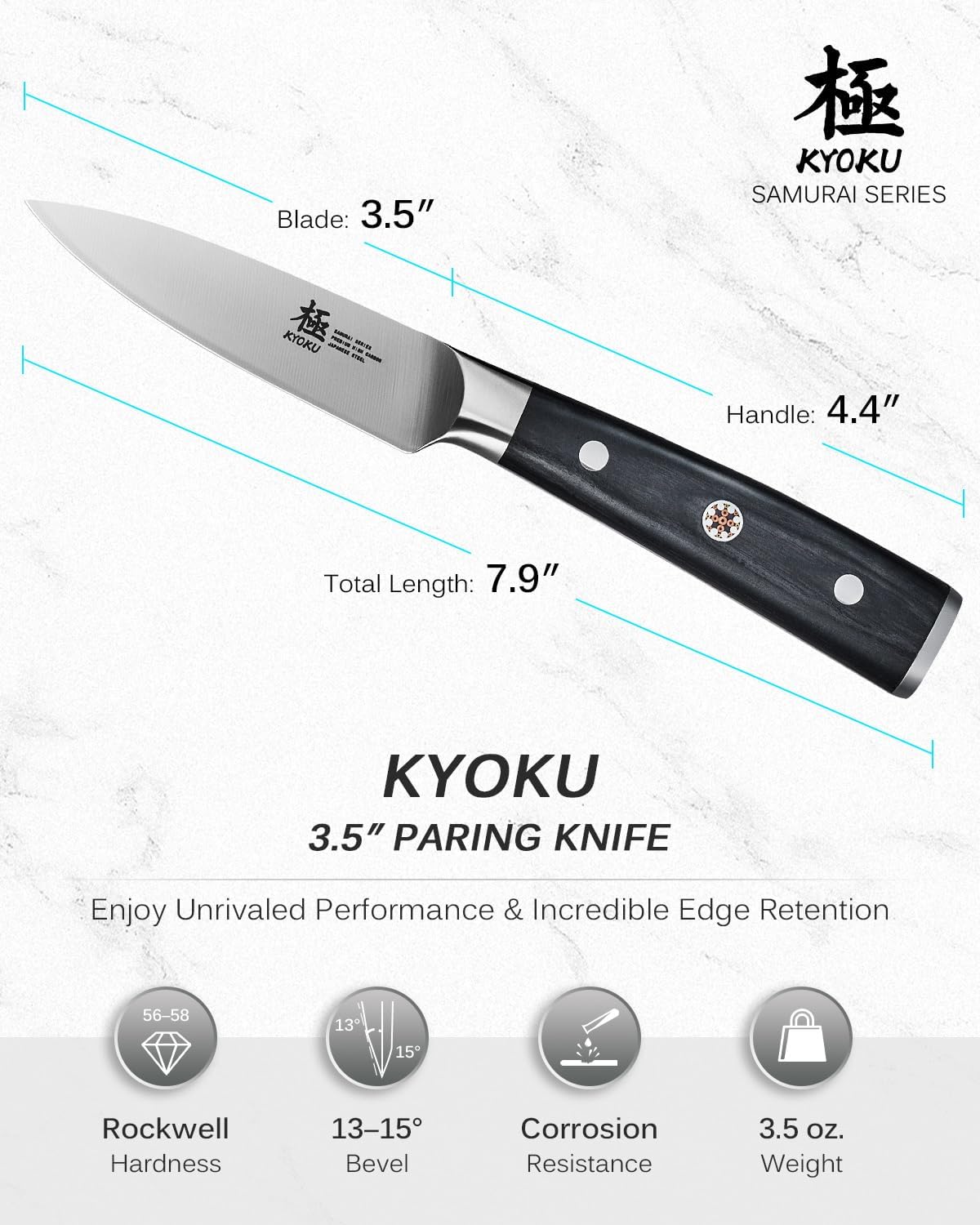Kyoku 3.5" Paring Knife, Samurai Series Peeling Knife with Pakkawood Handle, Japanese High Carbon Steel Sharp Knife