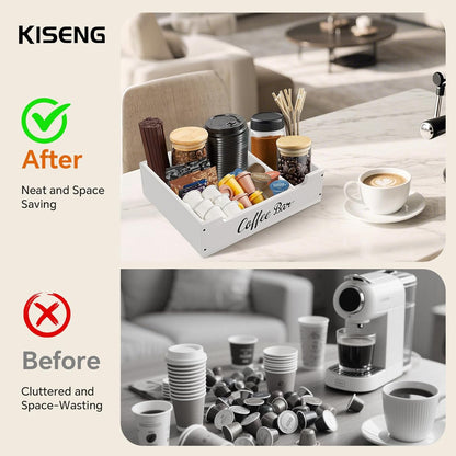 Coffee Pod Bar Station Wooden 14" X 10" X 4" Organizer Box for Countertop, Counter Top Tea Espresso Cup Wood Storage Box, White