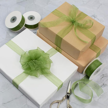 Sage Green Organza Ribbon - 1 Inch x 75 Yds, Light Green, Clear, Chiffon, Tulle for Gift Wrapping, Christmas, Wedding, Invitations, Wreaths, Bows, Crafts