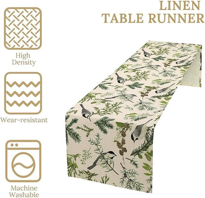 Bird Spring Table Runner,Vintage Watercolor Perching Birds Green Pine Branches Table Runner for Kitchen Dining Table Holiday Indoor Outdoor Home Party Decor 13x60in