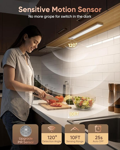 12inch Under Cabinet Lighting, 152LED Motion Sensor Light Indoor, USB Rechargeable Closet Lights, 3 Color Temps, Dimmable, Wireless Under Counter Lights for Kitchen, Stairs, Pantry, 2 Pack