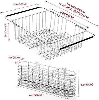 Large Dish Drainer Rack in Sink Adjustable, Expandable 304 Stainless Steel Metal Dish Drying Rack Organizer with Stainless Steel Utensil Holder Over Inside Sink Counter, Rustproof