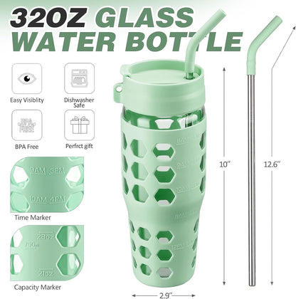 MUKOKO 32 oz Glass Tumbler with Straw,Glass Water Bottles with Time Marker,Iced Coffee Cup with 2 Lids-Handle Spout Lid&Straw Lid,Silicone Sleeve,Leakproof,1 Pack-Green