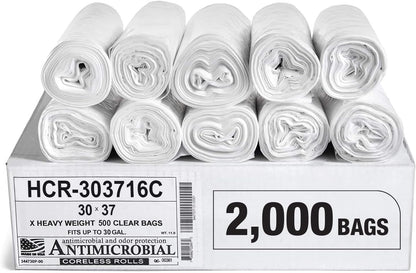 Aluf Plastics High Density Trash Bags, 30 Gallon, 2000 Count, 16 Micron (eq), 30" x 37", Clear, for Bathroom, Office, Industrial, Commercial, Janitorial, Municipal, Recycling
